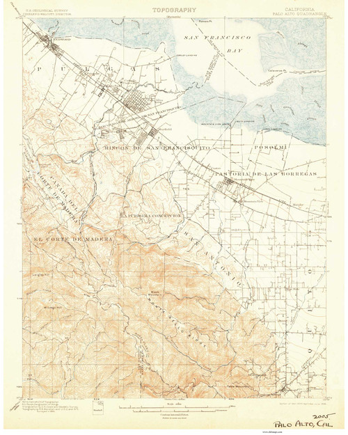 Palo Alto, CA Coast 1906 USGS Old Topo Map 15x15 Quad