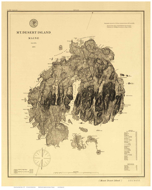 Mount Desert Island, Maine Old Map Reprint USCS 1875 - Cities Other