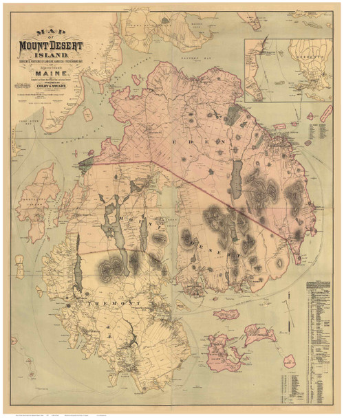 Mount Desert Island Wall Map, Maine Old Map Reprint Wall Map 1887 - Cities Other