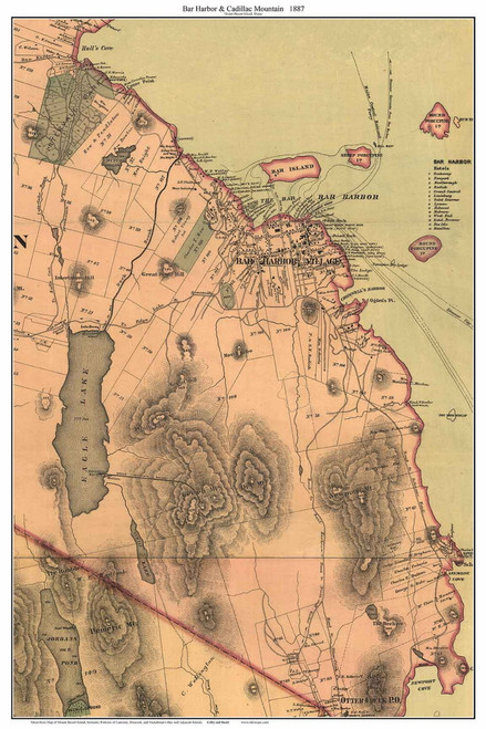 Bar Harbor & Cadillac Mountain, Maine Old Map Custom Print Colby & Stuart 1887 - Cities Other MDI ColbyStuart