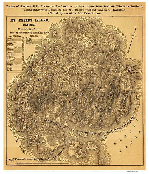 Mount Desert Island, Maine Old Map Reprint Eastern R.R. 1890x - Cities Other