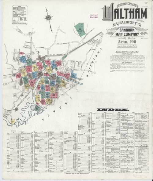 Waltham Massachusetts 1911 - Fire Insurance Index - Old Map Reprint