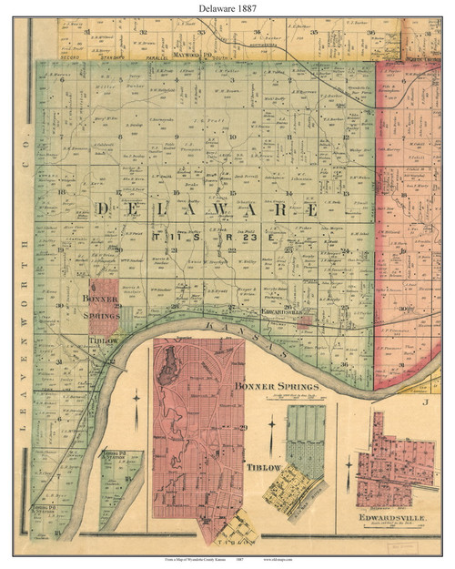 Delaware, Kansas 1887 Old Town Map Custom Print - Wyandotte Co.