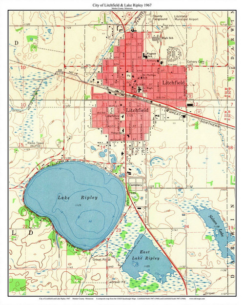 Litchfield City and Lake Ripley 1967 - Custom USGS Old Topo Map - Minnesota - Willmar Area