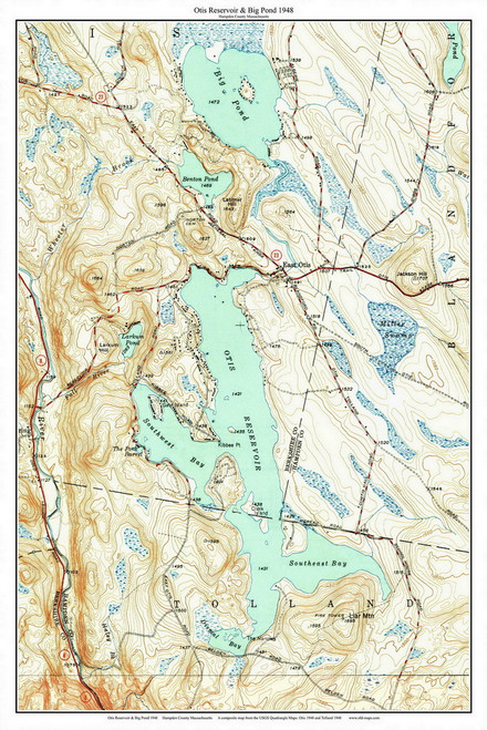 Otis Reservoir and Big Pond 1948 - Custom USGS Old Topo Map - Massachusetts 7x7 Custom - Lakes Not Quabbin