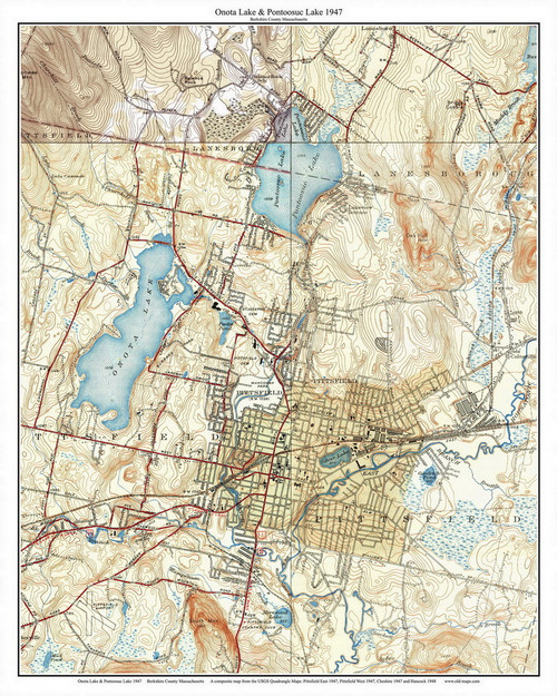 Onota Lake and PontoosucLake 1947 - Custom USGS Old Topo Map - Massachusetts 7x7 Custom - Lakes Not Quabbin