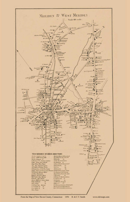 Meriden Village, Connecticut 1856 New Haven Co. - Old Map Custom Print
