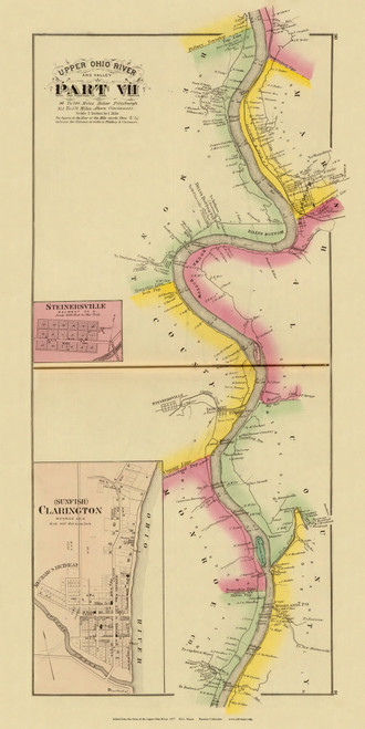 Upper Ohio River and Valley Part 7 - 96 to 116 Miles Below Pittsburgh and Steinersville and Clarington (Sunfish) Villages, Ohio West Virginia, 1877 - Upper Ohio River and Valley Atlas - Old Map Custom Reprint - USA Regional 90, 91