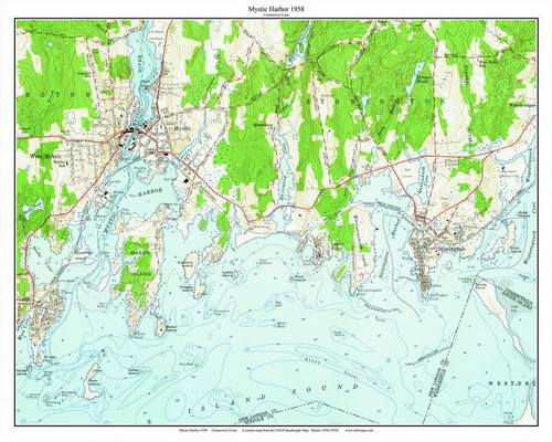 Mystic Seacoast - Mason Island - Lords Point -Wamphassuck Neck - 7x7 Coast 22 1958 - Custom USGS Old Topo Map - Connecticut