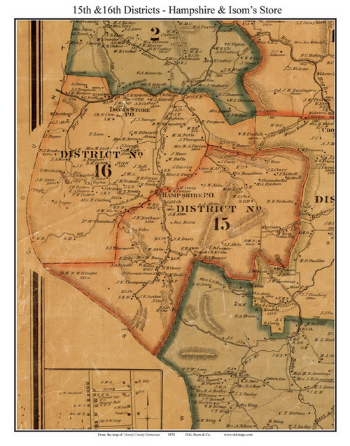 District Nos. 15 & 16 - Hampshire - Isoms Store, Tennessee 1878 Old Town Map Custom Print Maury Co.