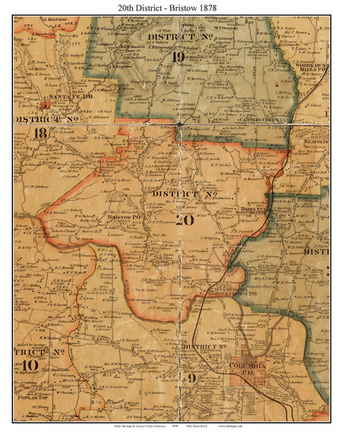 District No. 20 - Bristow, Tennessee 1878 Old Town Map Custom Print Maury Co.