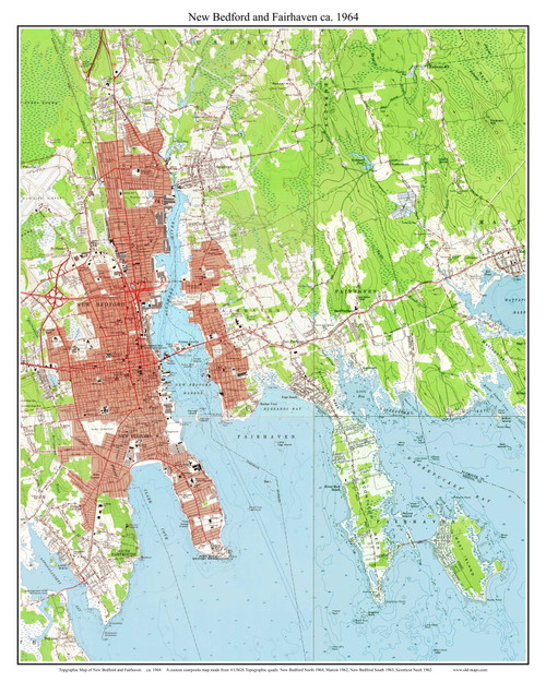 New Bedford and Fairhaven 1964 - Custom USGS Old Topo Map - Massachusetts 7x7 Custom
