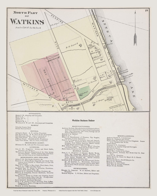 Watkins (North) #19, New York 1874 Old Map Reprint - Schuyler Co. North Vol. 1