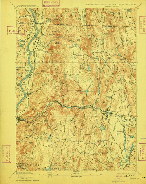 Warwick, Massachusetts 1894 (1909) USGS Old Topo Map Reprint 15x15 VT Quad 353079