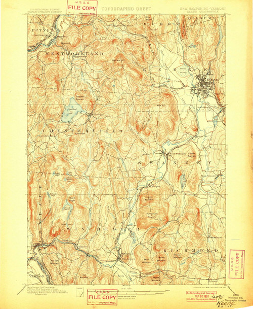 Keene, New Hampshire 1898 (1901) USGS Old Topo Map Reprint 15x15 VT Quad 330109