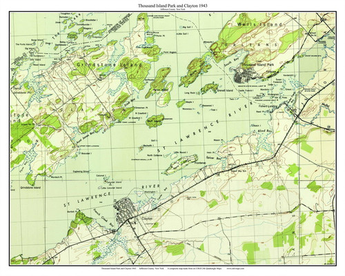 Thousand Island Park and Clayton 1943 - Custom USGS Old Topo Map - New York - Great Lakes Shoreline