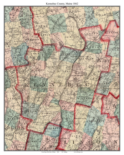 Kennebec County, Maine 1862 - Old Map Custom Reprint - Counties Other