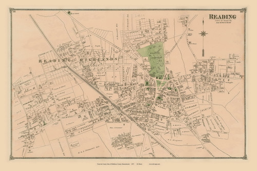 Reading Village, Massachusetts 1875 Old Town Map Reprint - Middlesex Co.