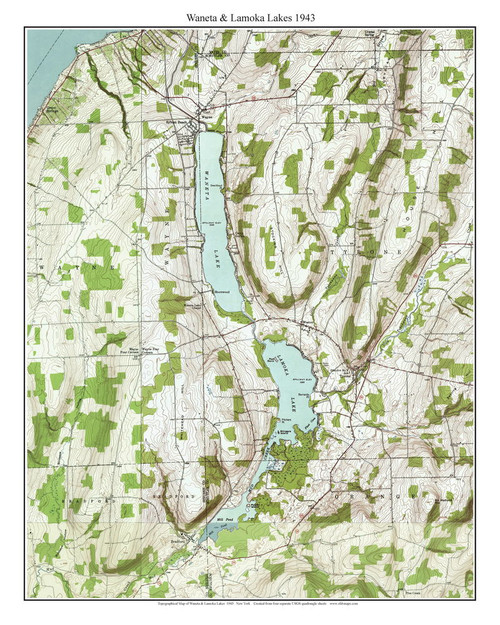 Waneta & Lamoka Lakes 1943 - Custom USGS Old Topo Map - New York - Finger Lakes