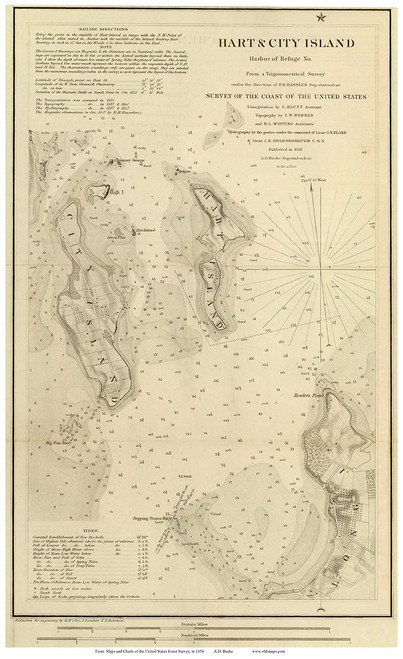 Hart & City Island, 1851 - Old Map Reprint - USA Regional 1854 Coast Survey 3 CT - NY