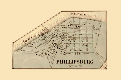 Philipsburg Village (now Monaca), Moon Township, Pennsylvania 1860 Old Town Map Custom Print - Beaver Co. - Lawrence & Beaver Cos.