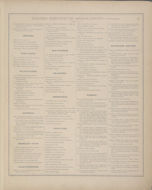 Business Directory of Orange County - Chester, West Point, Wawayanda, Otisville, Highland Falls, Hamptonburgh, New Windsor, Crawford, Greenville, Deer Park, Florida, Newburgh 27, New York 1875 - Old Town Map Reprint - Orange Co. Atlas