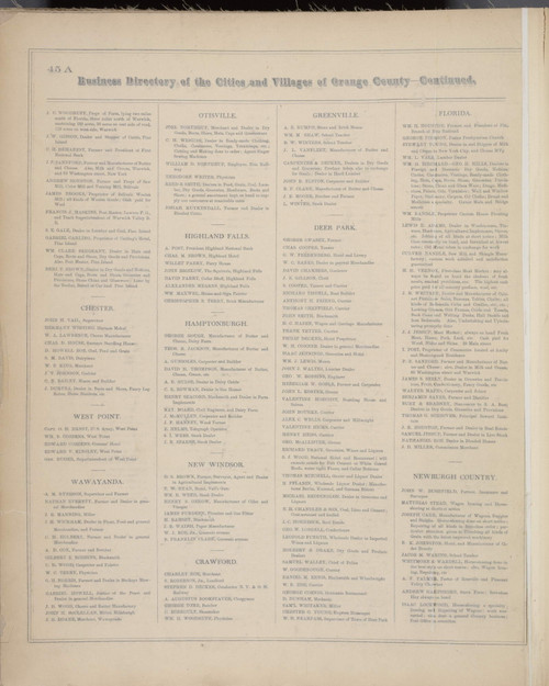 Business Directory - Chester, West Point, Wawayanda, Otisville, Highland Falls, Hamptonburgh, New Windsor, Crawford, Greenville, Deer Park, Florida, Newburgh 45, New York 1875 - Old Town Map Reprint - Orange Co. Atlas