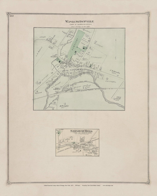 Blooming Grove Washingtonville 112, New York 1875 - Old Town Map Reprint - Orange Co. Atlas