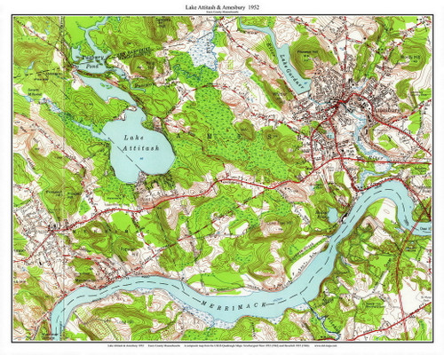 Lake Attitash and Amesbury 1952 - Custom USGS Old Topo Map - Massachusetts 7x7 Custom - Lakes Not Quabbin
