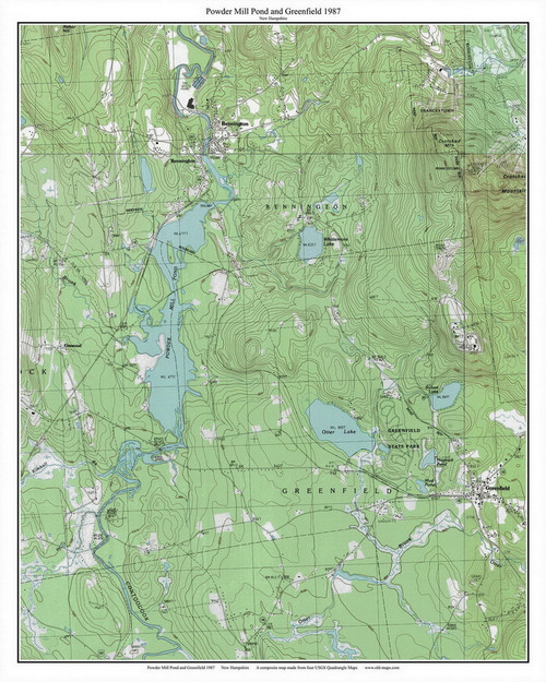 Powder Mill Pond and Otter Lake 1987 - Custom USGS Old Topo Map - New Hampshire - South West