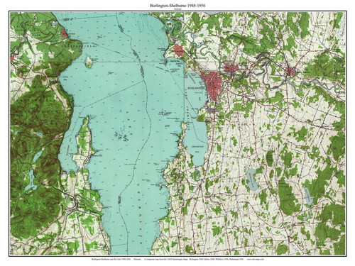 Burlington and Shelburne 1948-1956 - Custom USGS Old Topo Map - Vermont - Lake Champlain
