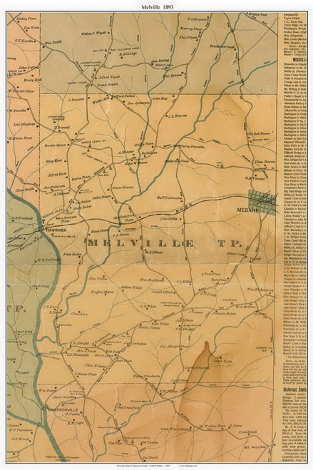 Melville Township, North Carolina 1893 Old Town Map Custom Print - Alamance Co.