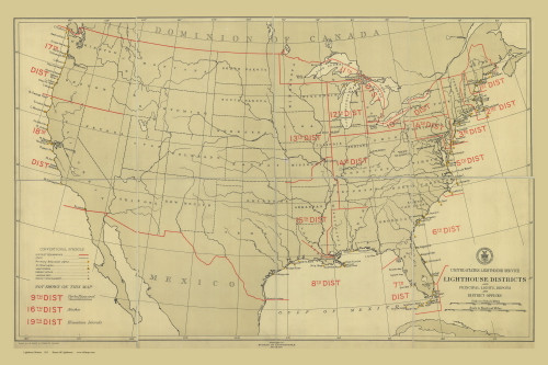 Lighthouse Districts 1912 NOAA Special Map Reprint