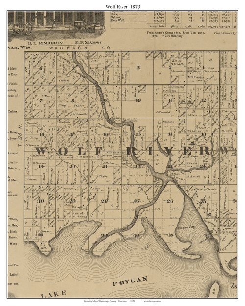 Wolf River, Wisconsin 1873 Old Town Map Custom Print - Winnebago Co