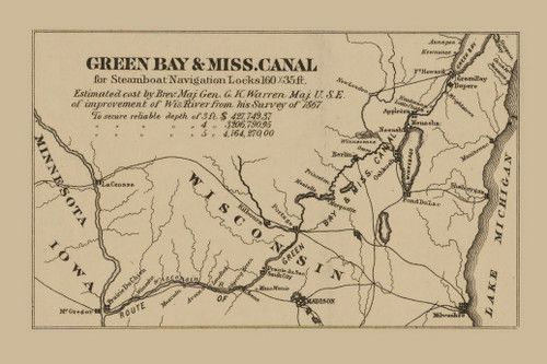 Green Bay & Mississippi Canal, Wisconsin 1873 Old Town Map Custom Print - Winnebago Co