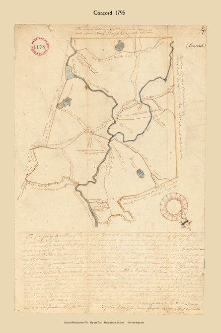 Concord (Map with Text), Massachusetts 1796 Old Town Map Reprint - Roads Place Names  Massachusetts Archives