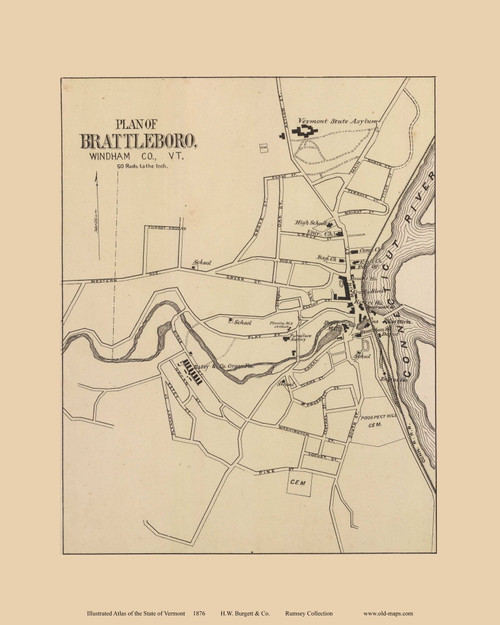 Plan of Brattleboro 1876- from the Burgett & Co Vermont State Atlas - Old Map Reprint 9b