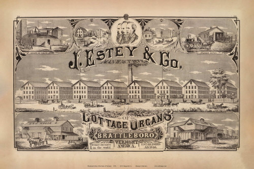 J. Estey & Co,  Manufacturers of Cottage Organs, Brattleboro 1876- from the Burgett & Co Vermont State Atlas - Old Map Reprint 11