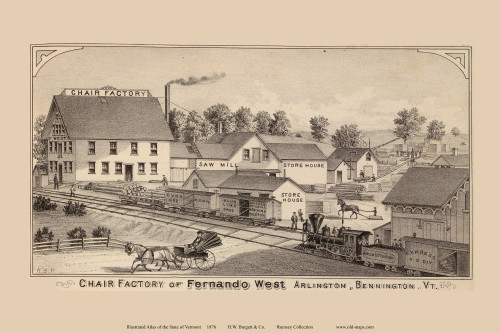 Chair Factory of Fernando West, Arlington 1876- from the Burgett & Co Vermont State Atlas - Old Map Reprint 19a