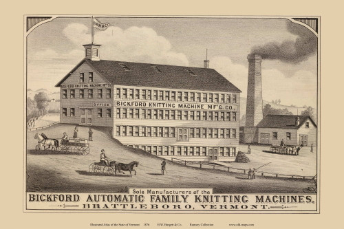 Bickford Knitting Machine Manufacturers, Brattleboro 1876- from the Burgett & Co Vermont State Atlas - Old Map Reprint 20b