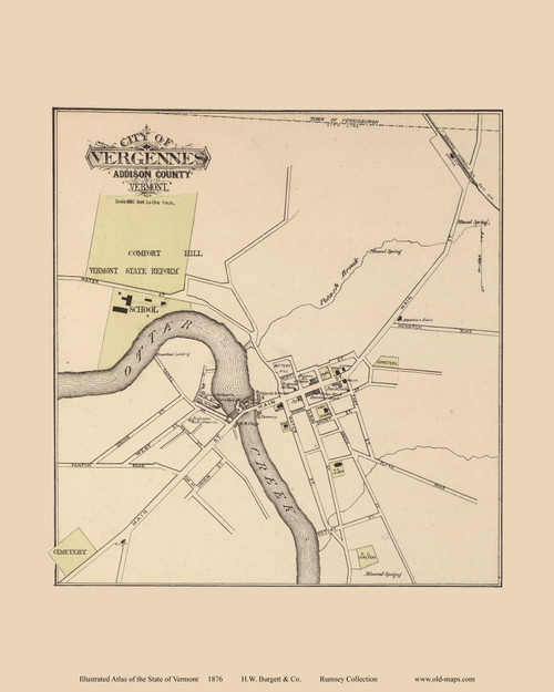 City of Vergennes 1876- from the Burgett & Co Vermont State Atlas - Old Map Reprint 30a