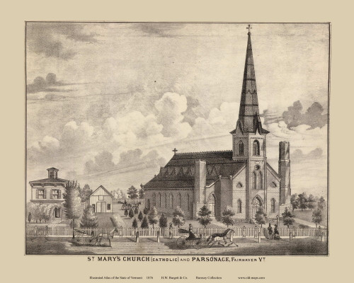 St. Mary's Church and Parsonage, Fairhaven 1876- from the Burgett & Co Vermont State Atlas - Old Map Reprint 38