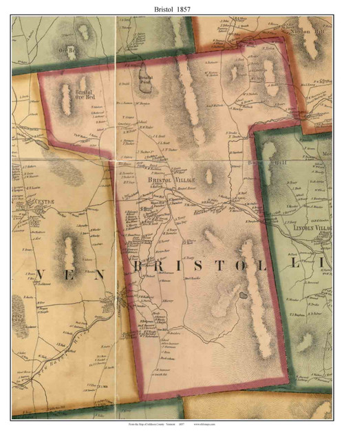 Bristol, Vermont 1857 Old Town Map Custom Print - Addison Co.