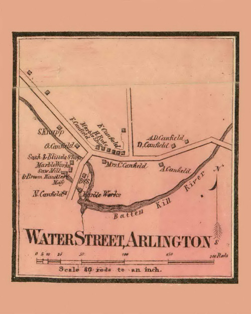 Water Street Village, Arlington, Vermont 1856 Old Town Map Custom Print - Bennington Co.