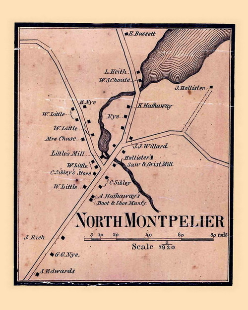North Montpelier Village, Montpelier, Vermont 1858 Old Town Map Custom Print - Washington Co.