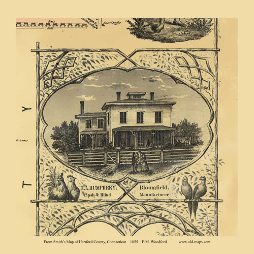 T.L. Humphrey Sash and Blind Manufacturer - Bloomfield Connecticut 1855 Old Town Map Custom Print - Hartford Co.