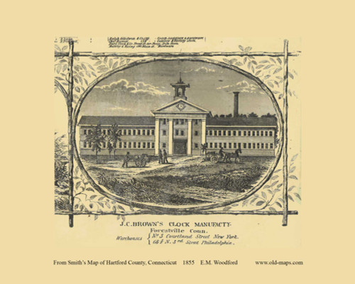 J.C. Browns Clock Manufactory - Forestville Connecticut 1855 Old Town Map Custom Print - Hartford Co.