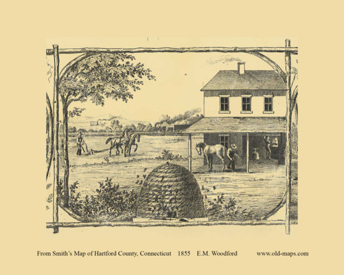 Scene with Horse and Beehive - Connecticut 1855 Old Town Map Custom Print - Hartford Co.
