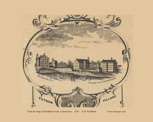Putnam Village View - Putnam Connecticut 1856 Old Town Map Custom Print - Windham Co.