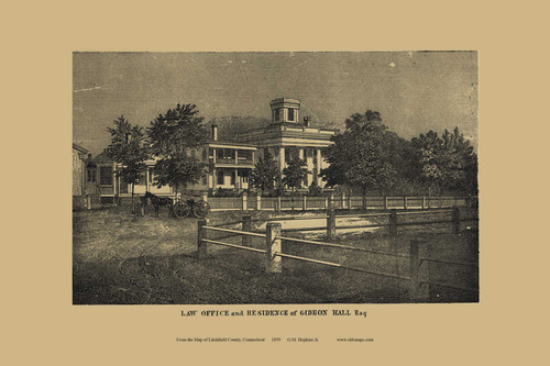 Gideon Hall Law Office and Residence - Connecticut 1859 Old Town Map Custom Print - Litchfield Co.